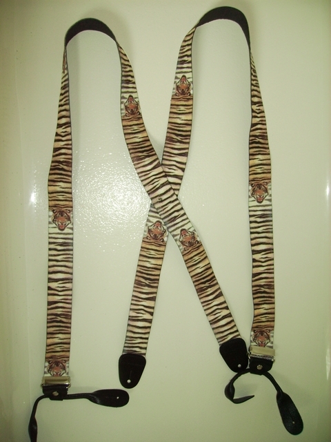 BUTTON-ON WILDLIFE TIGER Suspenders 1 1/2" wide and 54" long. Genuine Leather Ends. Entirely Stretchable Hand Washable and Hang to Dry Cotton/Polyester Material. UB120N54WLTG